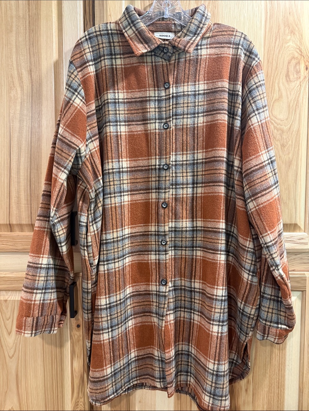 Adora Women’s 3X Burnt Orange Plaid Long Line Button-Front Outdoor Cozy Shacket